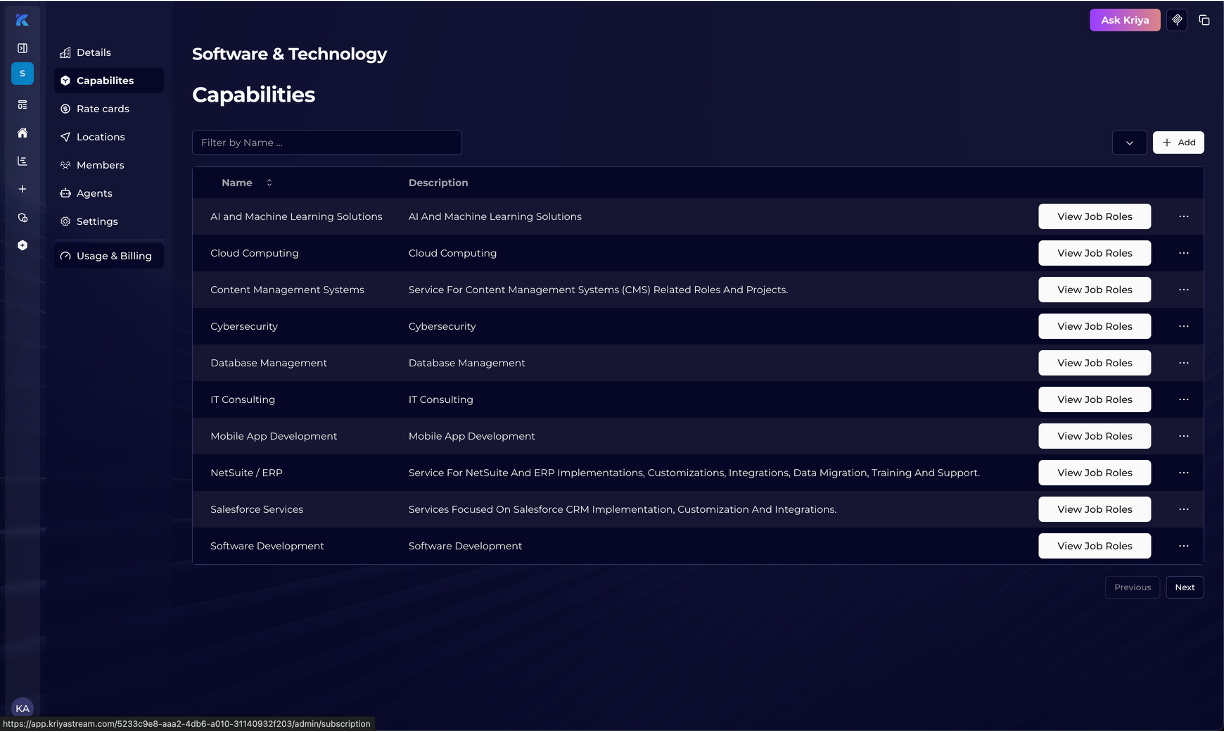 Admin capabilities list in Kriyastream