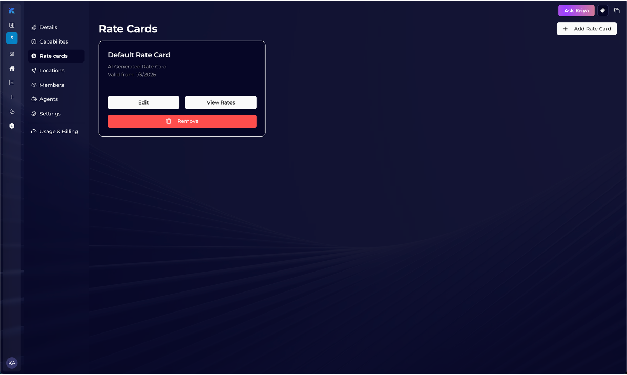 Rate cards in Kriyastream admin