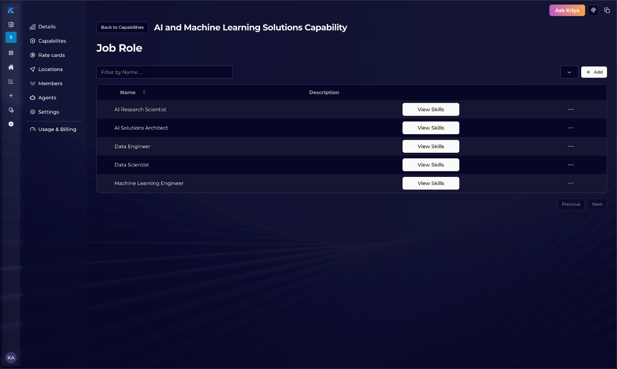Roles list in Kriyastream admin