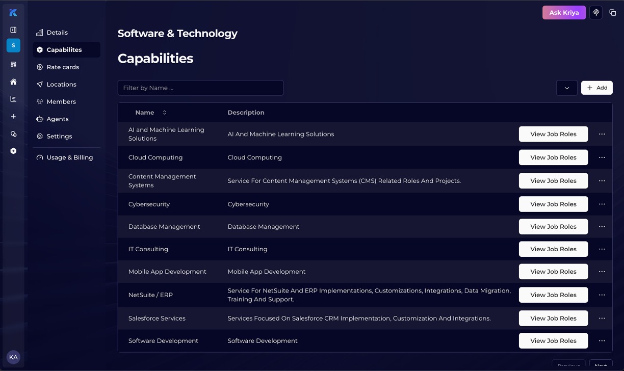 Capabilities list view in Kriyastream