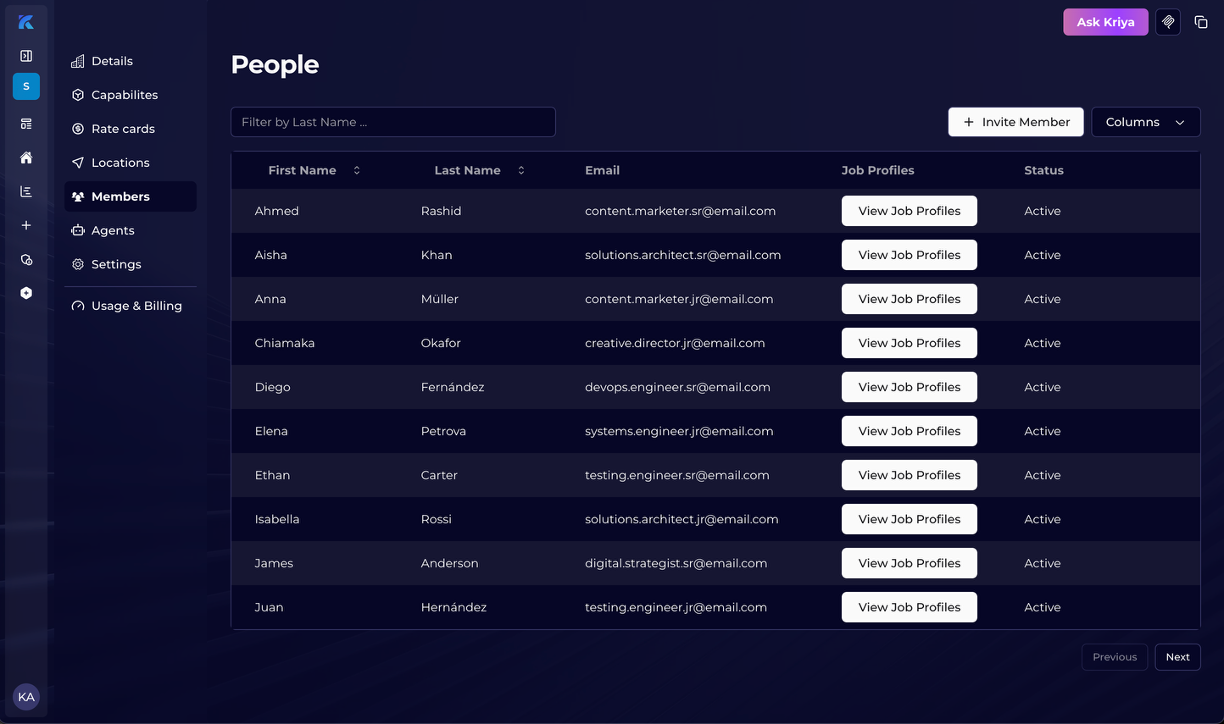 Members list in Kriyastream