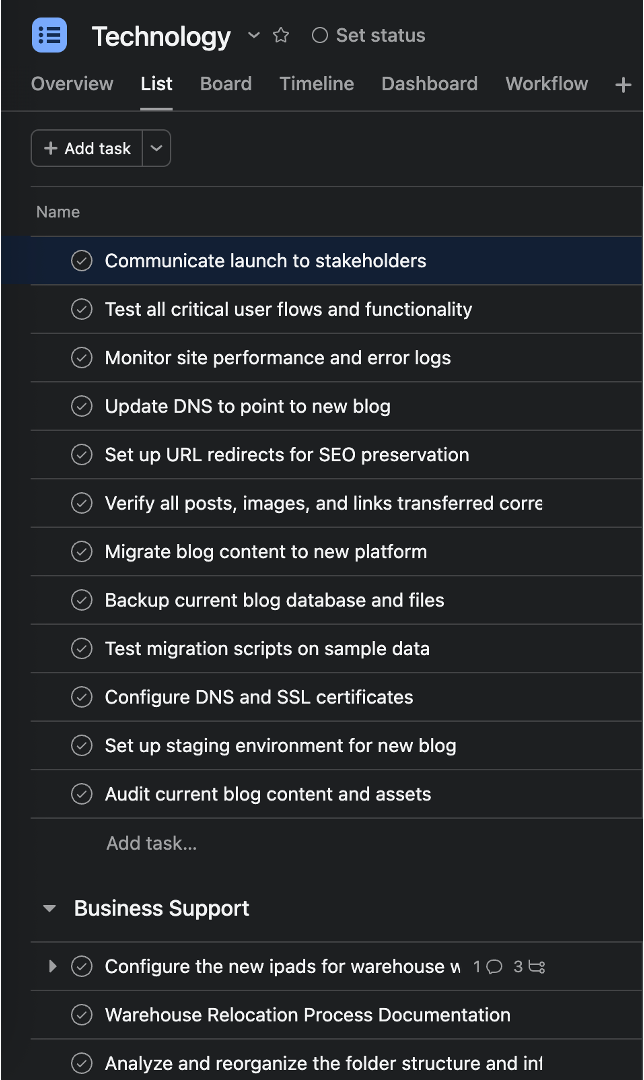 Asana List view: flat blog migration tasks dropped into the project