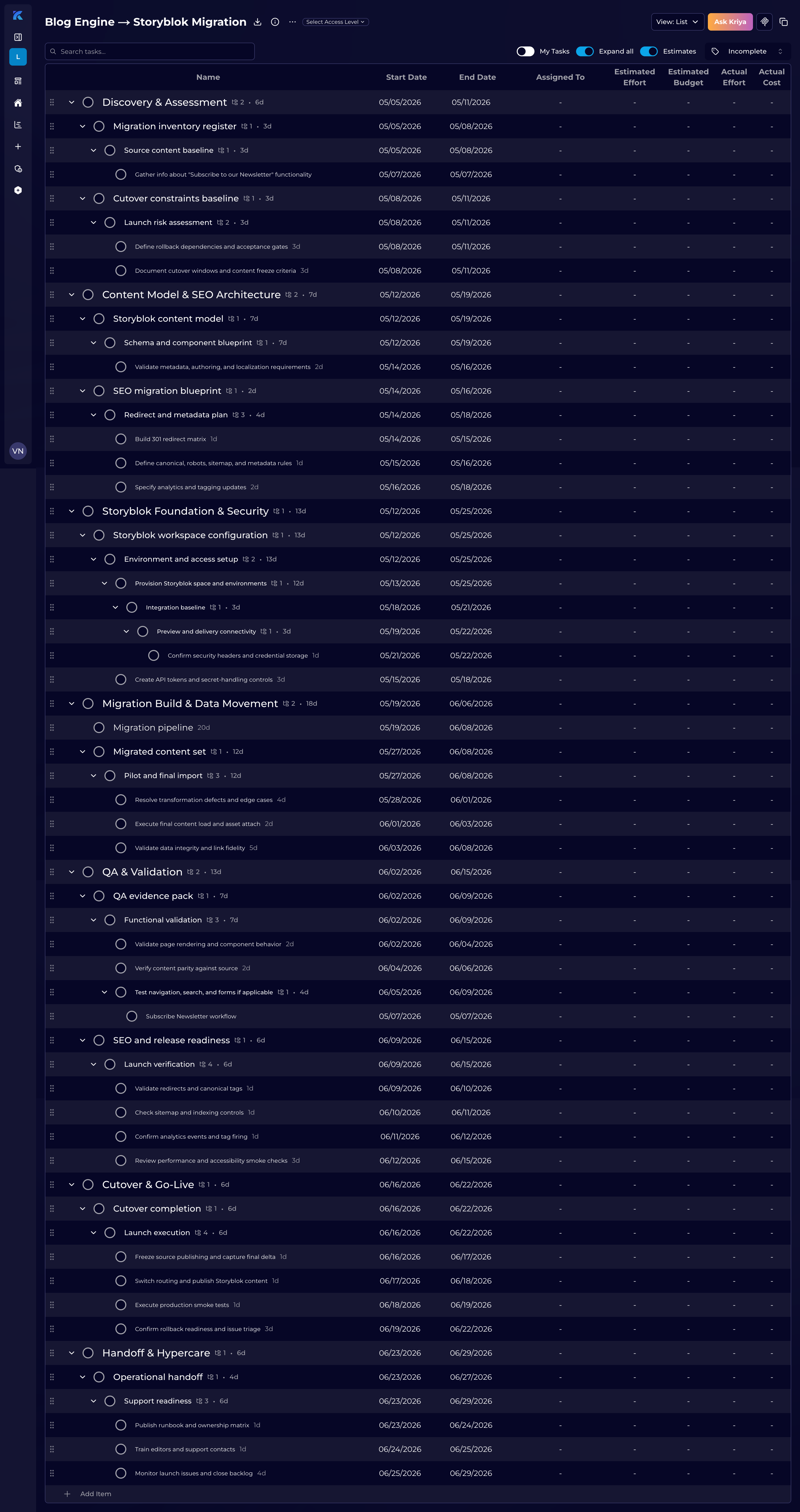 Kriyastream: hierarchical Blog Engine to Storyblok migration plan